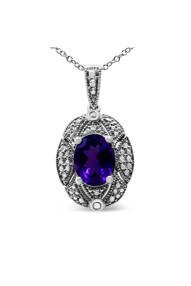 Diamond Accent and 9x7mm Purple Oval Amethyst Gemstone Necklace